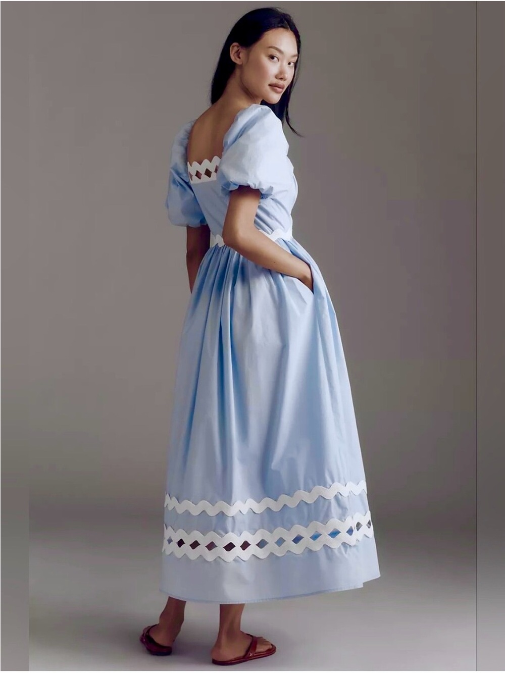 NWT English factory blue and white puff sleeve ricrac maxi dress - Picture 2 of 12